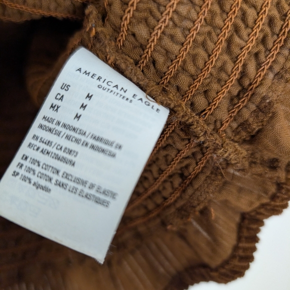 American Eagle Burnt Brown Corduroy Smocked Cropped Puff Sleeves Blouse - Picture 6 of 8